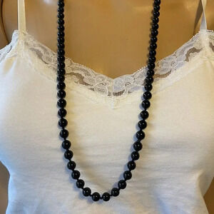 16" Long Knotted Satin Black Onyx Bead Beaded Necklace Whimsygoth Gothic